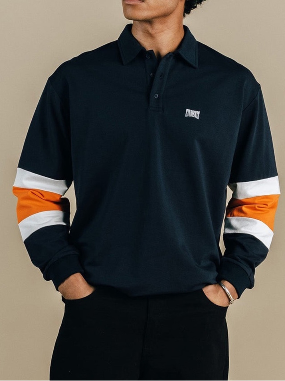 Students Men's Navy Long-Sleeve Polo with Orange & White Sleeve Accents | NWT